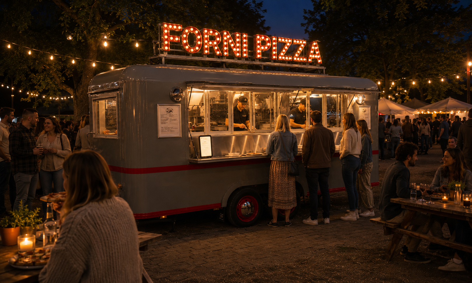 Forni Pizza foodtrailer med oplyst skilt til aftenevent